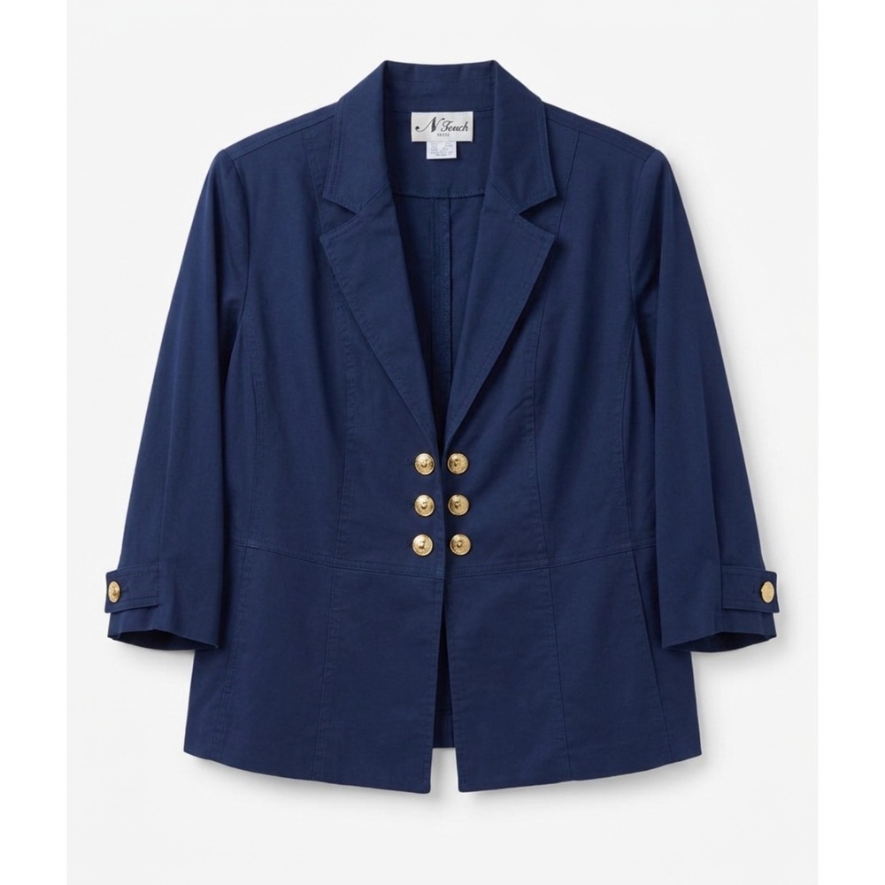 N Touch Blazer Women 12P Navy Blue Excellent Pleated Back Gold Button 3/4 Sleeve